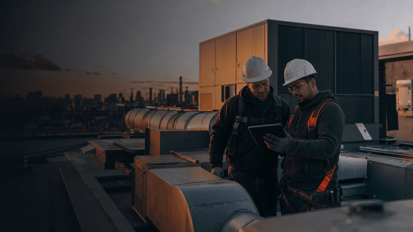 Two commercial HVAC professionals reviewing site work on a tablet beside rooftop equipment